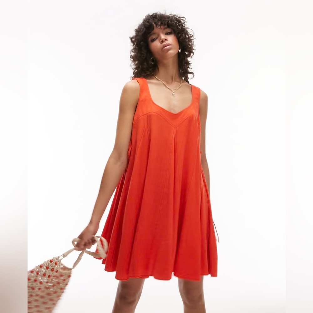 NWT Topshop Topstitch Linen Orange Mini Dress, 6 - Picture 1 of 7